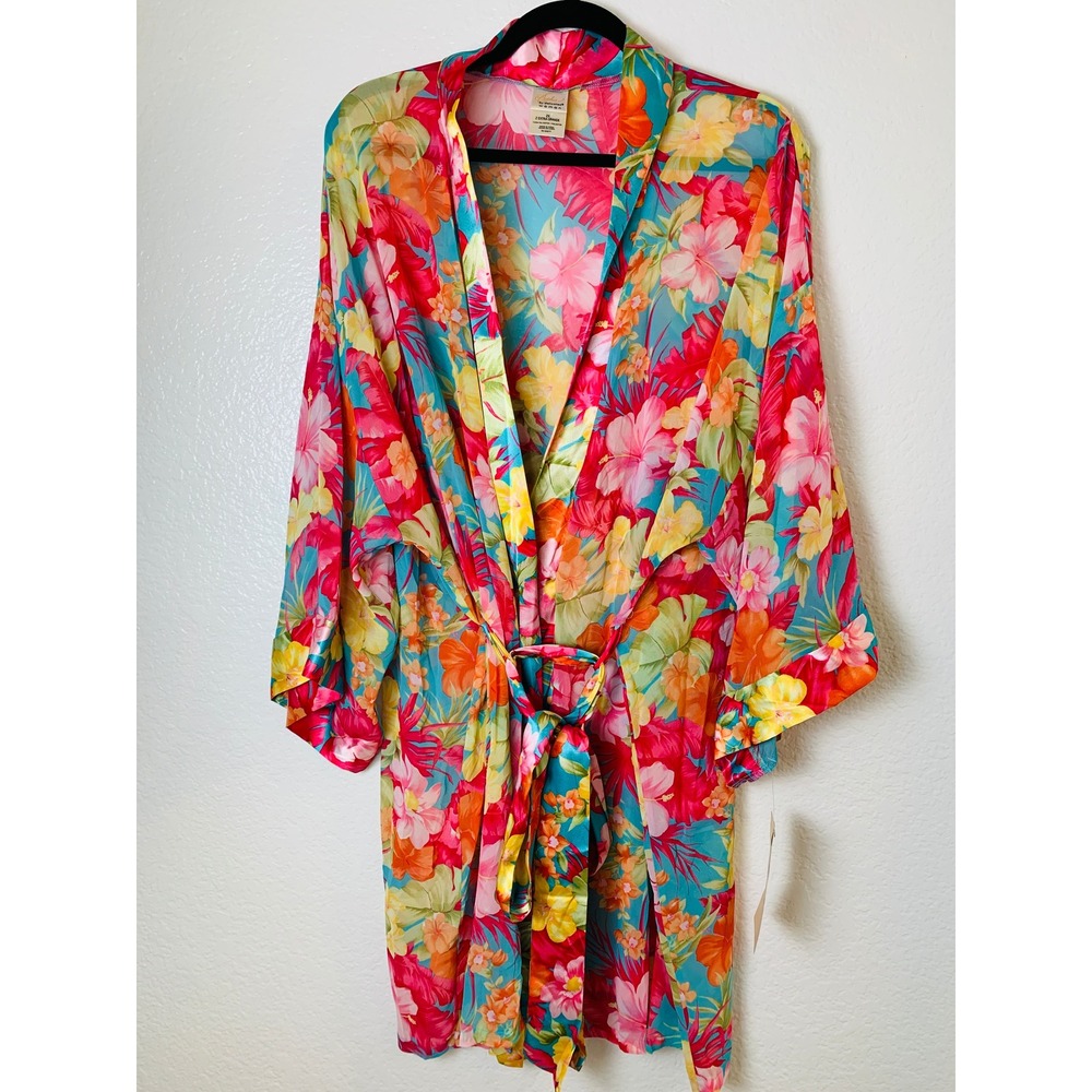 Sophia by Delicates Robe Women 2X Multicolor Floral Tropical Satin Wrap Loungew